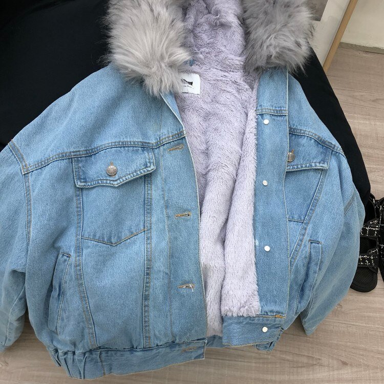 Thickened Fleece-lined Short Denim Jacket Women Artifical Fur Collar Hooded Chaqueta Mujer Veste Femme Winter Warm Coat