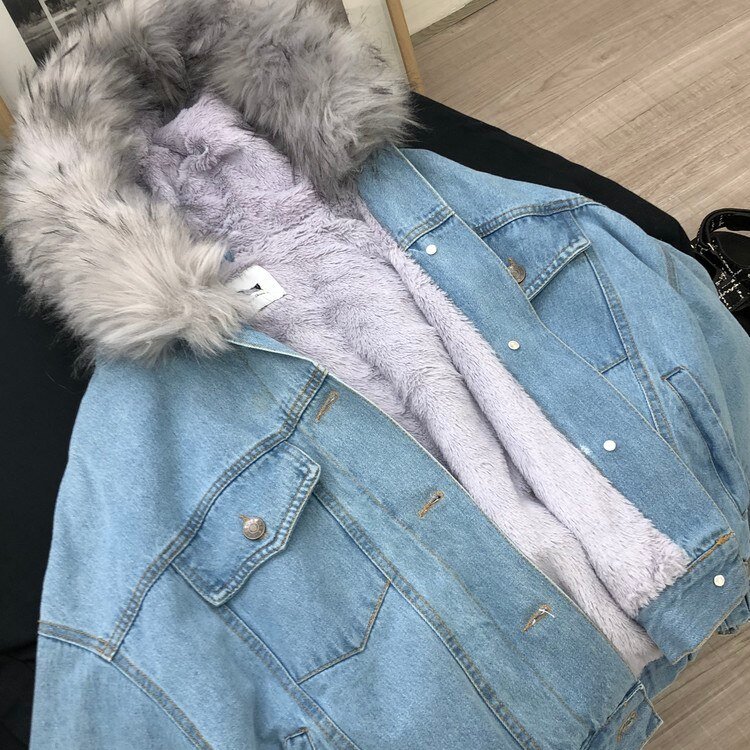 Thickened Fleece-lined Short Denim Jacket Women Artifical Fur Collar Hooded Chaqueta Mujer Veste Femme Winter Warm Coat