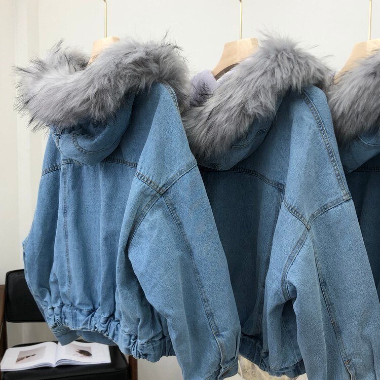 Thickened Fleece-lined Short Denim Jacket Women Artifical Fur Collar Hooded Chaqueta Mujer Veste Femme Winter Warm Coat