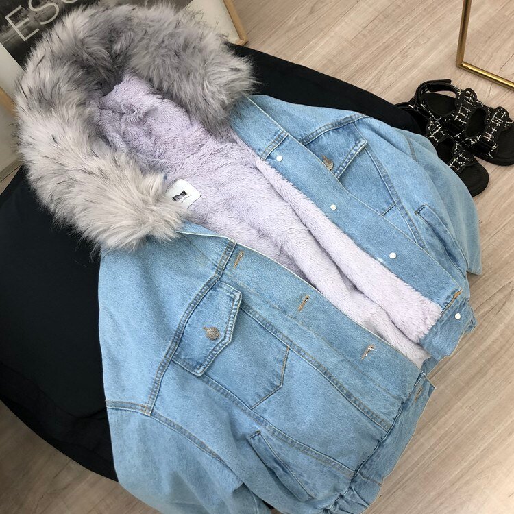 Thickened Fleece-lined Short Denim Jacket Women Artifical Fur Collar Hooded Chaqueta Mujer Veste Femme Winter Warm Coat