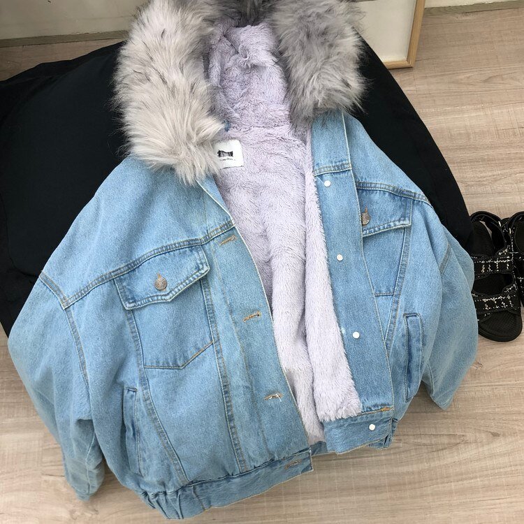 Thickened Fleece-lined Short Denim Jacket Women Artifical Fur Collar Hooded Chaqueta Mujer Veste Femme Winter Warm Coat