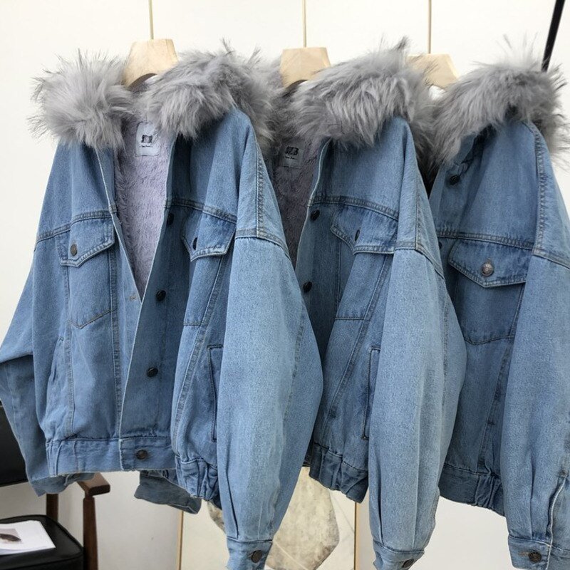Thickened Fleece-lined Short Denim Jacket Women Artifical Fur Collar Hooded Chaqueta Mujer Veste Femme Winter Warm Coat