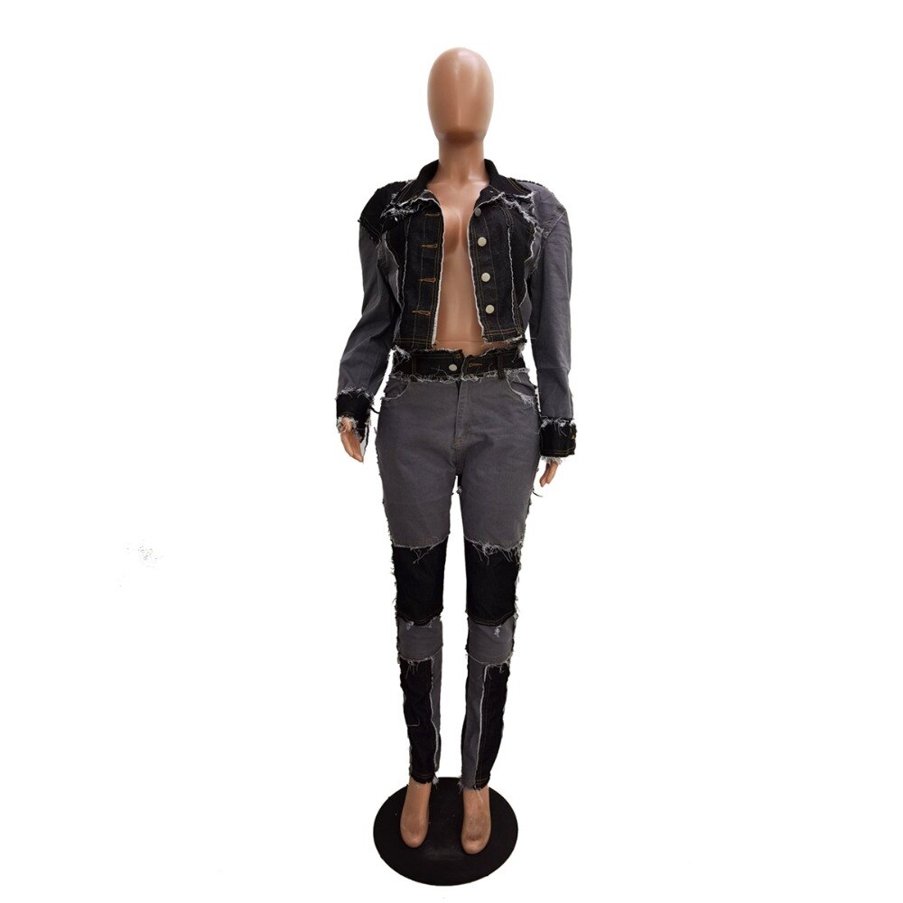 Zoctuo Women Denim Patchwork Jackets Jeans Pants Suit Tracksuit Two Piece Matching Set 2020 Fashion Fitness Outfits Active Wear Zoctuo Women Denim Patchwork Jackets Jeans Pants Suit Tracksuit Two Piece Matching Set 2020 Fashion Fitness Outfits Active Wear