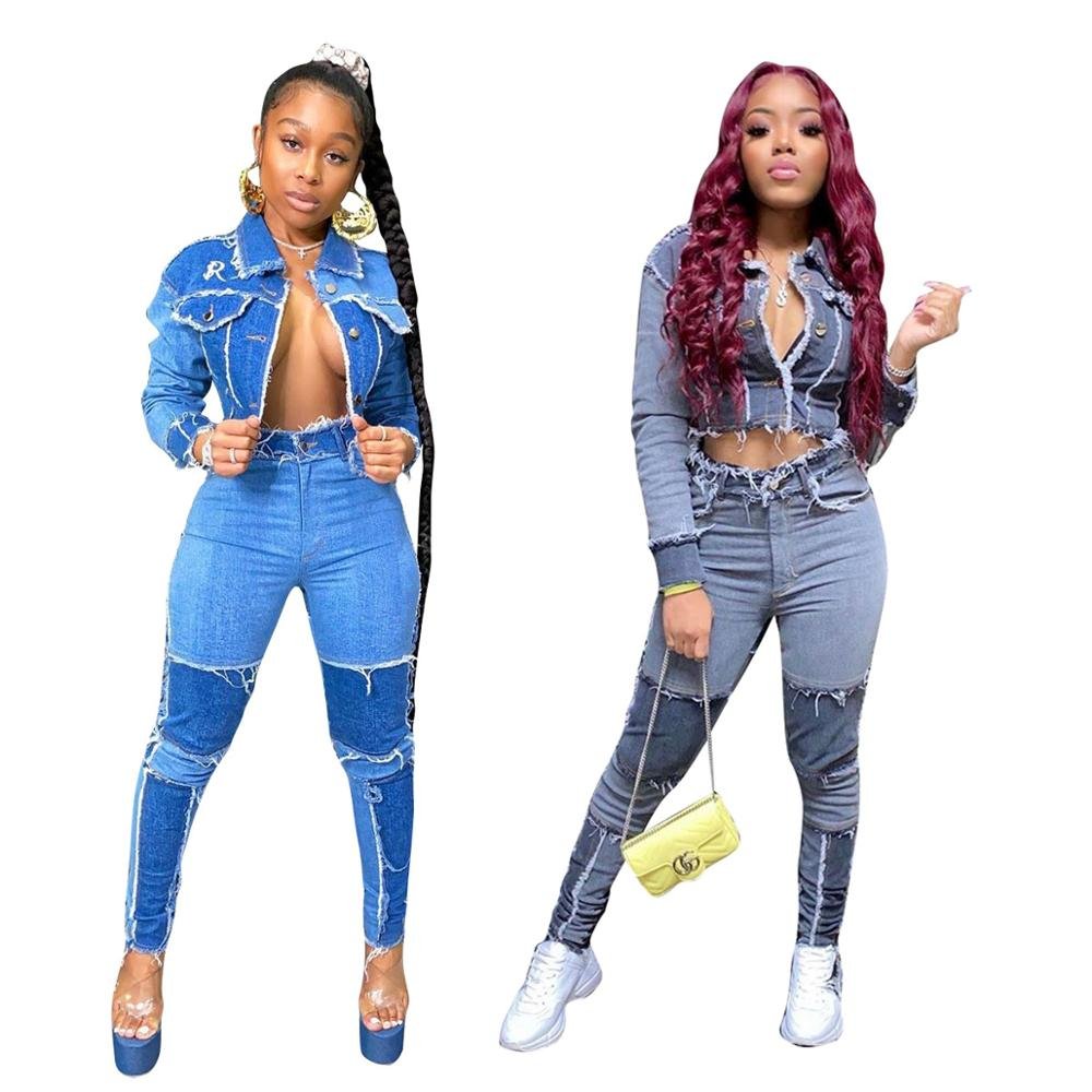 Zoctuo Women Denim Patchwork Jackets Jeans Pants Suit Tracksuit Two Piece Matching Set 2020 Fashion Fitness Outfits Active Wear
