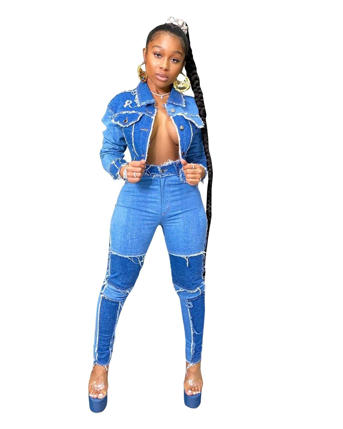 Zoctuo Women Denim Patchwork Jackets Jeans Pants Suit Tracksuit Two Piece Matching Set 2020 Fashion Fitness Outfits Active Wear