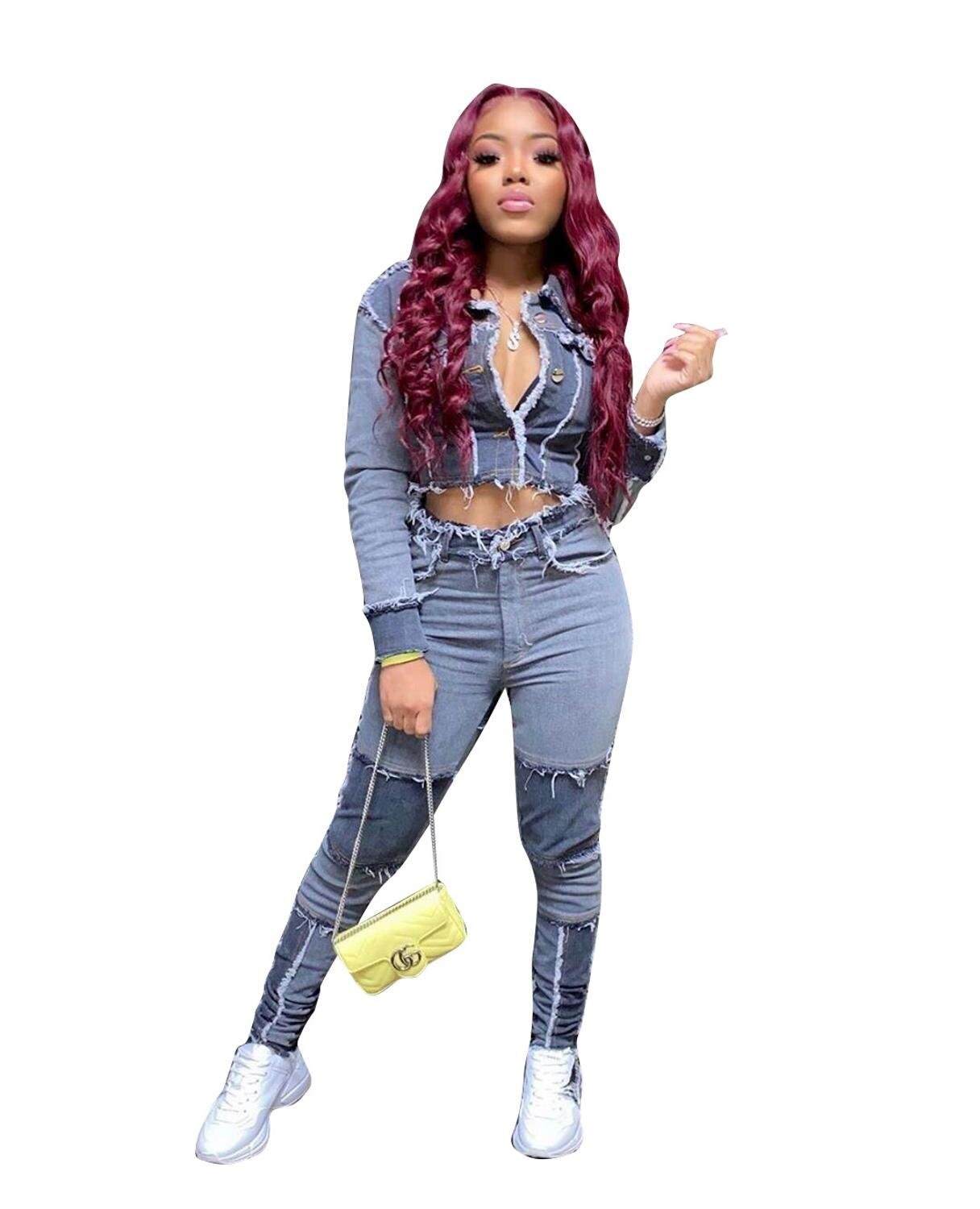 Zoctuo Women Denim Patchwork Jackets Jeans Pants Suit Tracksuit Two Piece Matching Set 2020 Fashion Fitness Outfits Active Wear