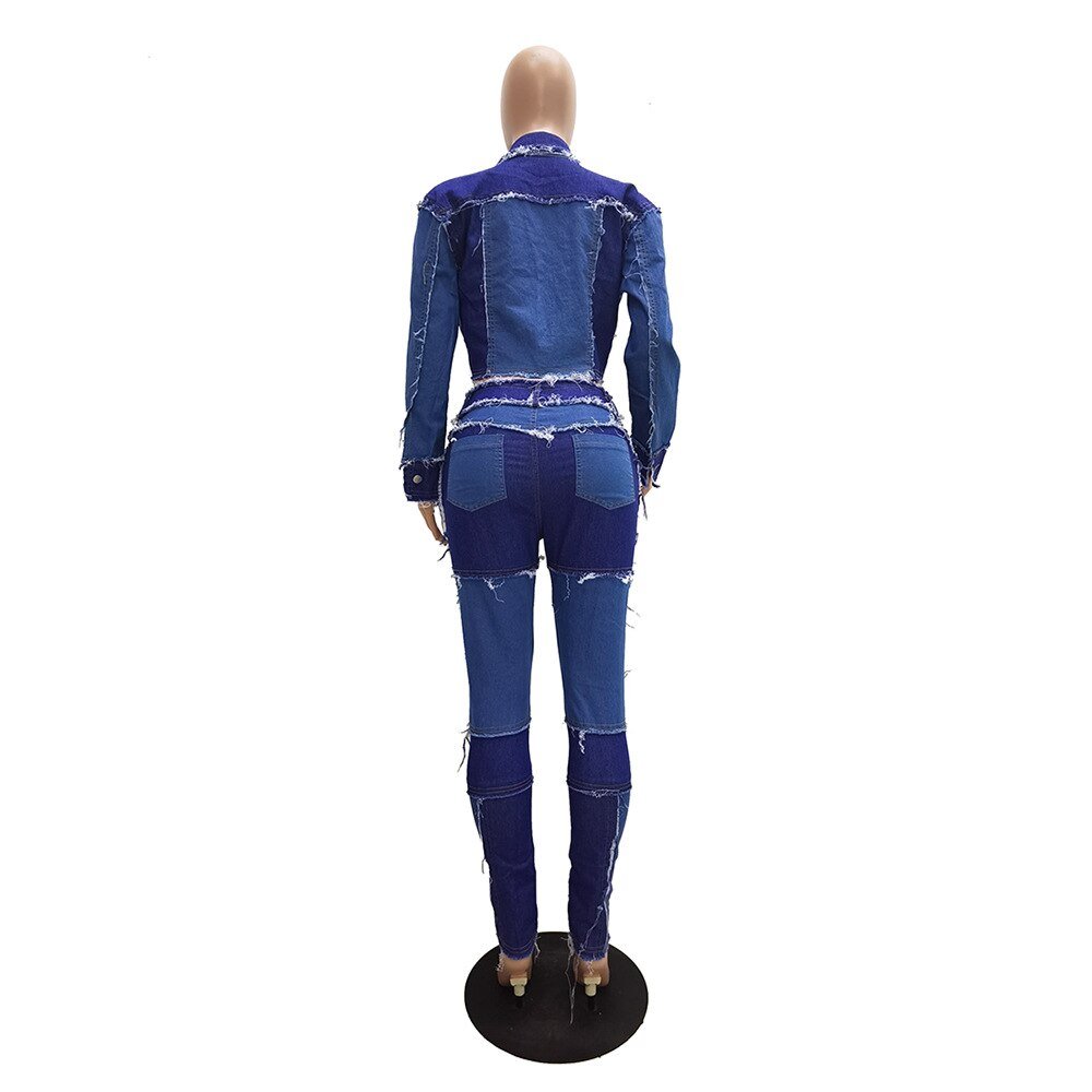 Zoctuo Women Denim Patchwork Jackets Jeans Pants Suit Tracksuit Two Piece Matching Set 2020 Fashion Fitness Outfits Active Wear