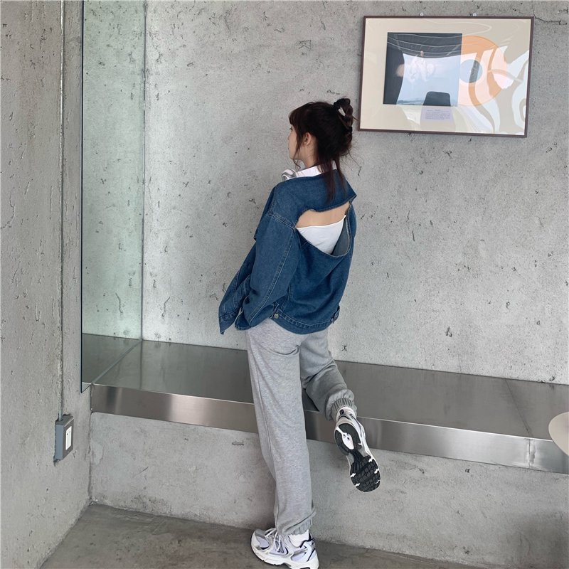 Denim Coat Hollow Out Backless Split Single-breasted Casual Loose Long-sleeved Denim Jacket Vintage Jeans Coats Designer