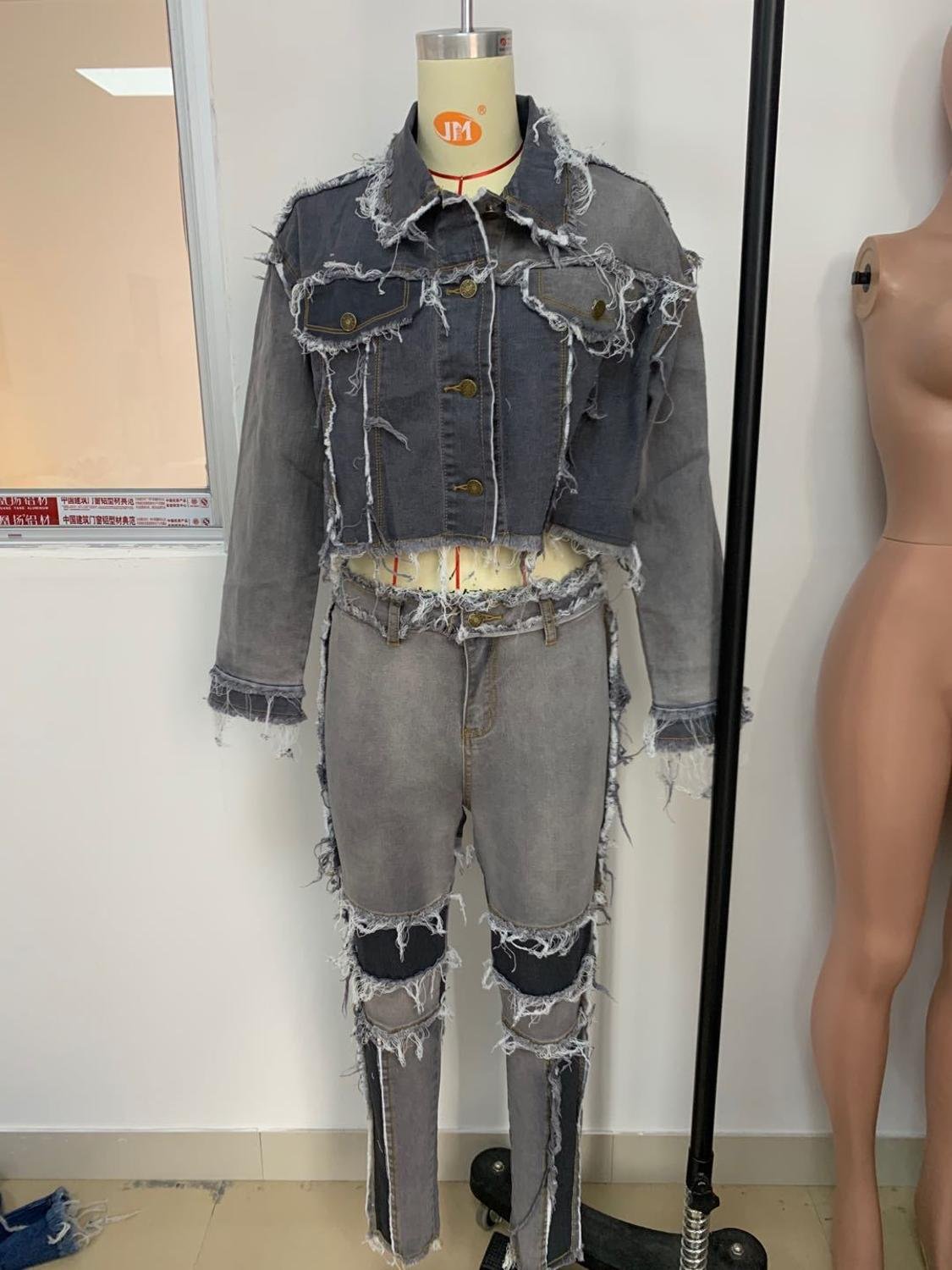 Echoine Winter Autumn Patchwork Short Denim Jacket and Denim Pants Two Piece Set Sexy Women Tassel Jeans Set Outwear Matching Echoine Winter Autumn Patchwork Short Denim Jacket and Denim Pants Two Piece Set Sexy Women Tassel Jeans Set Outwear Matching