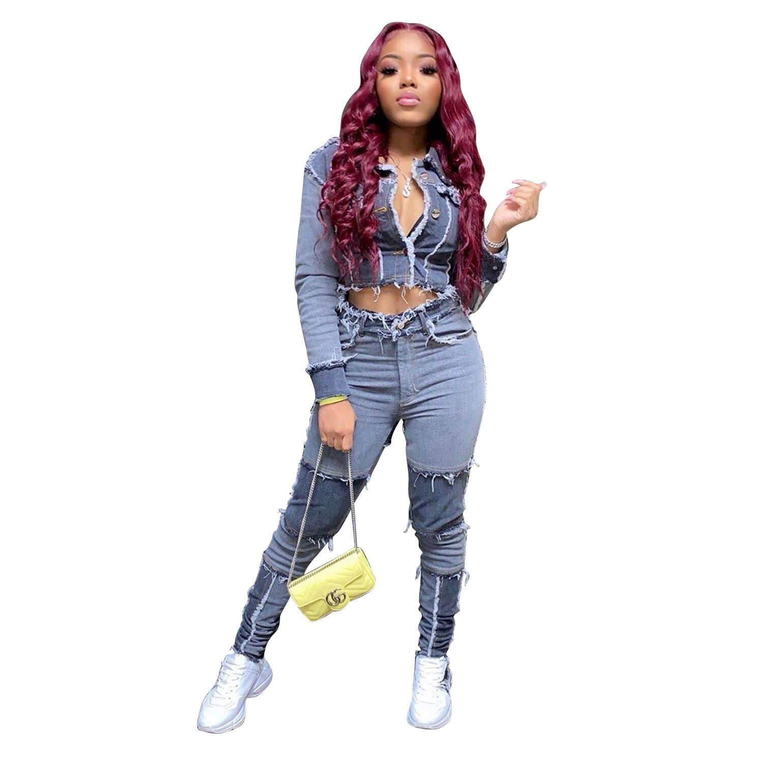 Echoine Winter Autumn Patchwork Short Denim Jacket and Denim Pants Two Piece Set Sexy Women Tassel Jeans Set Outwear Matching Echoine Winter Autumn Patchwork Short Denim Jacket and Denim Pants Two Piece Set Sexy Women Tassel Jeans Set Outwear Matching