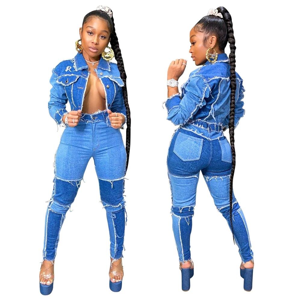 Echoine Winter Autumn Patchwork Short Denim Jacket and Denim Pants Two Piece Set Sexy Women Tassel Jeans Set Outwear Matching Echoine Winter Autumn Patchwork Short Denim Jacket and Denim Pants Two Piece Set Sexy Women Tassel Jeans Set Outwear Matching