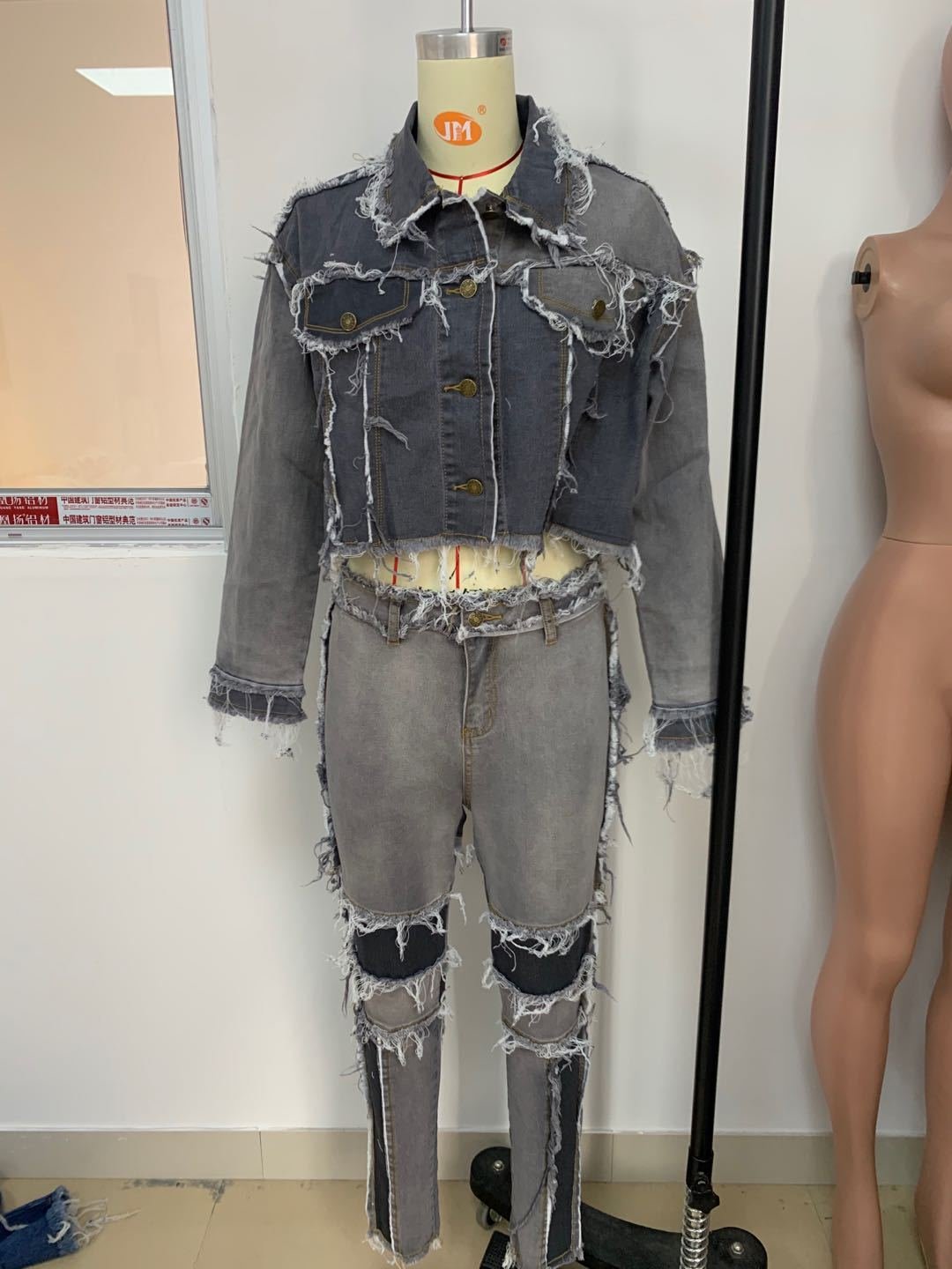 Echoine Winter Autumn Patchwork Short Denim Jacket and Denim Pants Two Piece Set Sexy Women Tassel Jeans Set Outwear Matching Echoine Winter Autumn Patchwork Short Denim Jacket and Denim Pants Two Piece Set Sexy Women Tassel Jeans Set Outwear Matching
