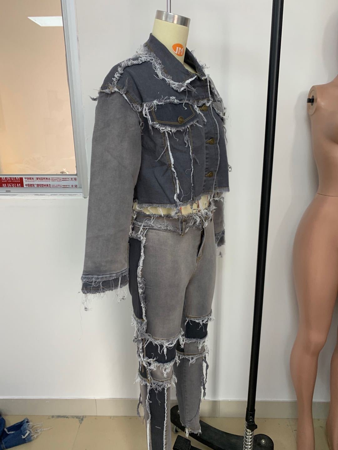 Echoine Winter Autumn Patchwork Short Denim Jacket and Denim Pants Two Piece Set Sexy Women Tassel Jeans Set Outwear Matching Echoine Winter Autumn Patchwork Short Denim Jacket and Denim Pants Two Piece Set Sexy Women Tassel Jeans Set Outwear Matching
