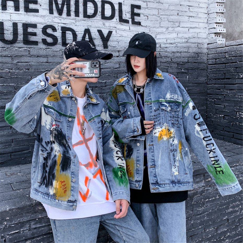 2020 Graffiti Print Denim Jackets Coats Hip Hop Punk Rock Casual Jeans Jackets Streetwear Men Fashion Hipster Outwear Male WY252