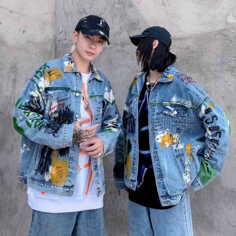 2020 Graffiti Print Denim Jackets Coats Hip Hop Punk Rock Casual Jeans Jackets Streetwear Men Fashion Hipster Outwear Male WY252
