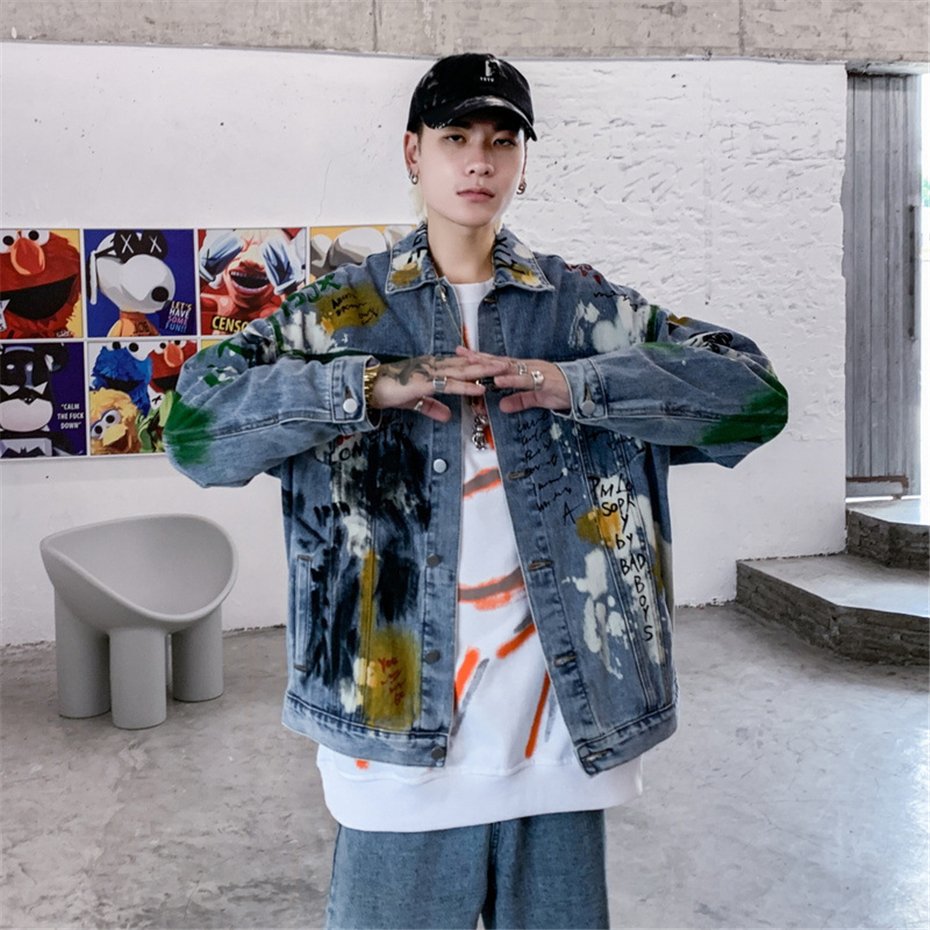 2020 Graffiti Print Denim Jackets Coats Hip Hop Punk Rock Casual Jeans Jackets Streetwear Men Fashion Hipster Outwear Male WY252