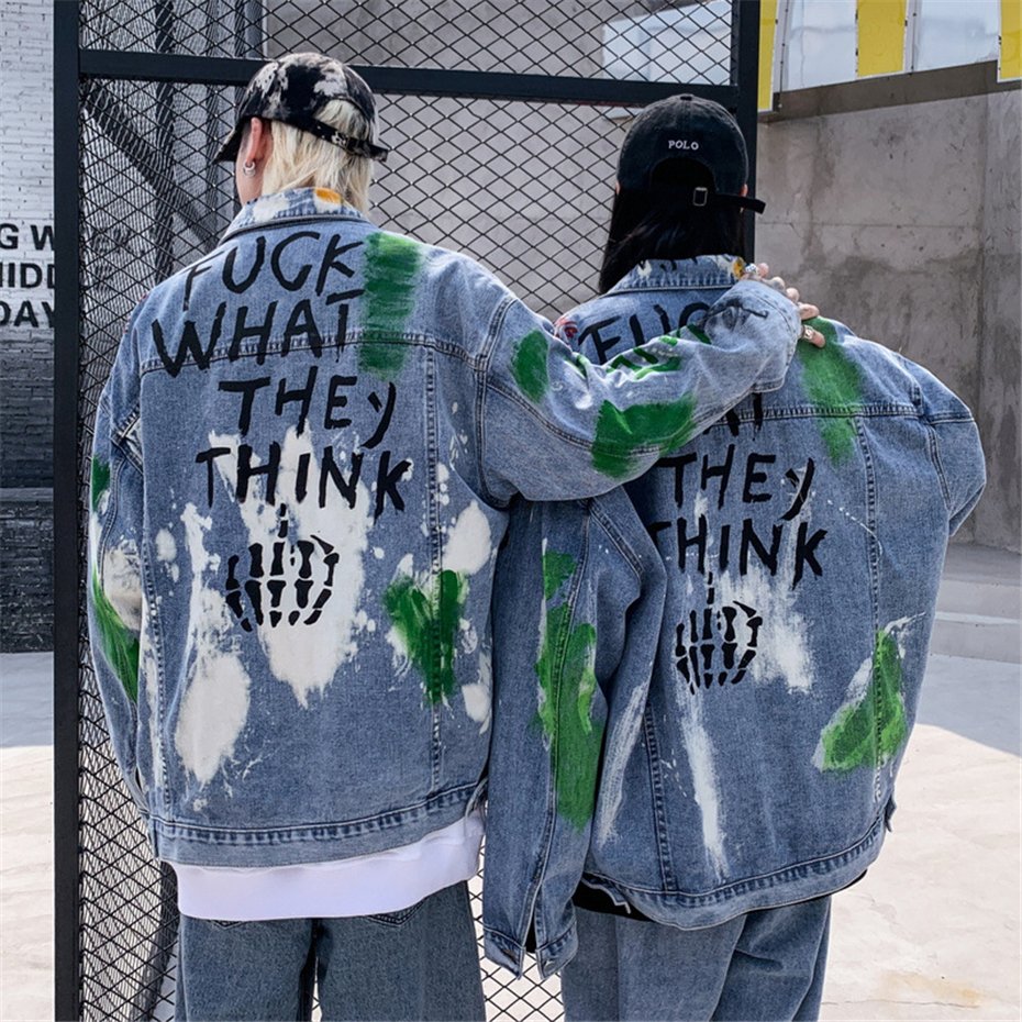 2020 Graffiti Print Denim Jackets Coats Hip Hop Punk Rock Casual Jeans Jackets Streetwear Men Fashion Hipster Outwear Male WY252