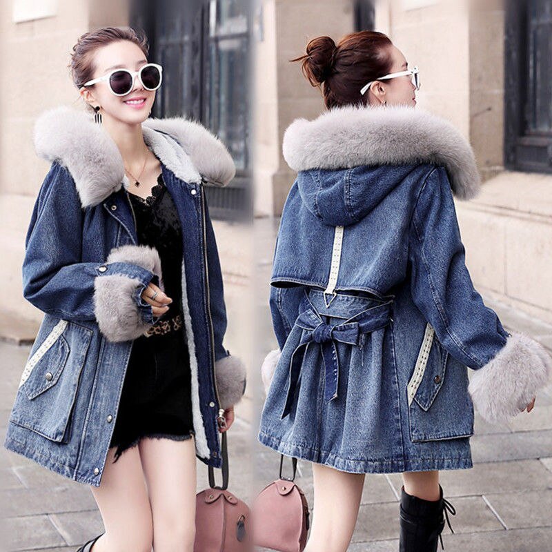 2020 New Women Winter Ladies Faux Lamb Fur Jeans Jacket Female Korean Loose Warm Thick Plus Velvet Bomber Denim Jackets W101