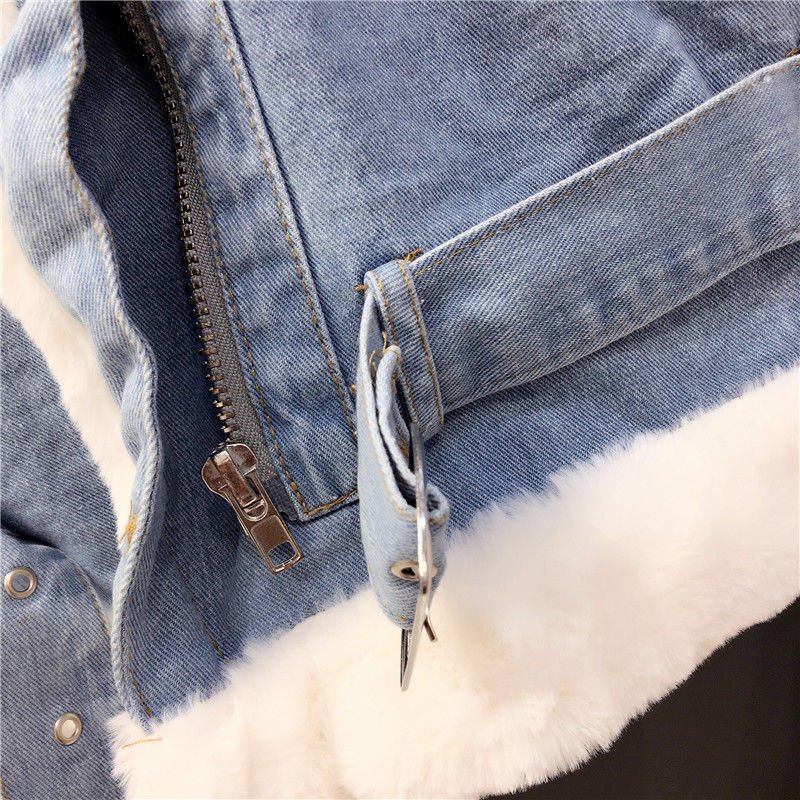 2020 New Women Winter Faux Rabbit Fur Collar Hooded Denim Coat Female Warm Thick Plus Velvet Outwear Motorcycle Jean Jacket W103