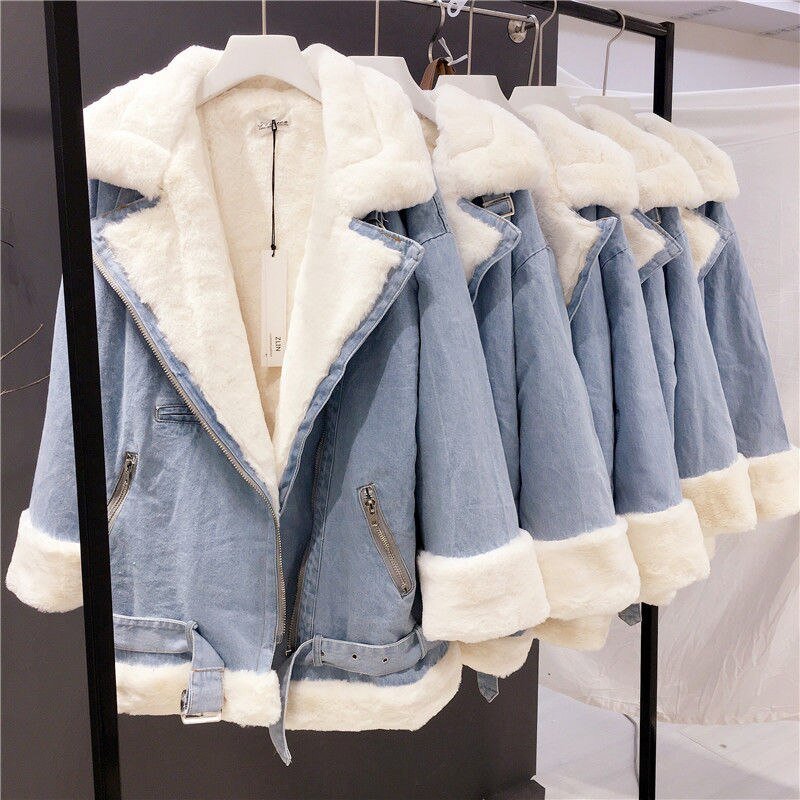 2020 New Women Winter Faux Rabbit Fur Collar Hooded Denim Coat Female Warm Thick Plus Velvet Outwear Motorcycle Jean Jacket W103