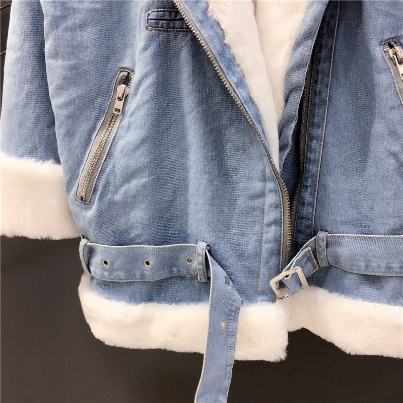 2020 New Women Winter Faux Rabbit Fur Collar Hooded Denim Coat Female Warm Thick Plus Velvet Outwear Motorcycle Jean Jacket W103