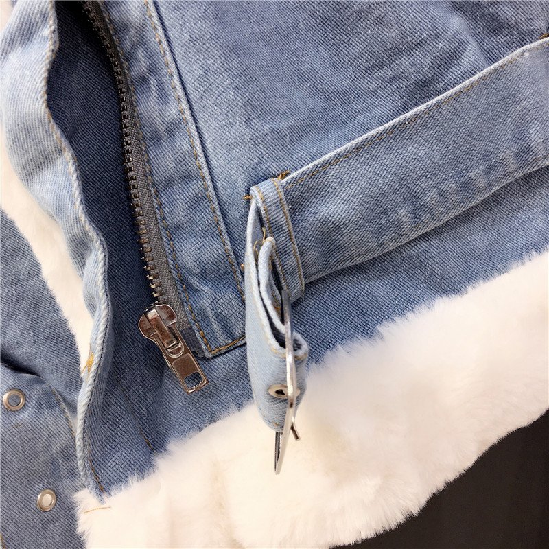 2020 New Women Winter Faux Rabbit Fur Collar Hooded Denim Coat Female Warm Thick Plus Velvet Outwear Motorcycle Jean Jacket W103