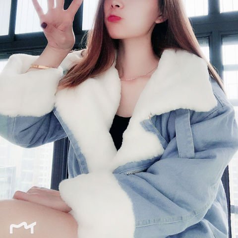 2020 New Women Winter Faux Rabbit Fur Collar Hooded Denim Coat Female Warm Thick Plus Velvet Outwear Motorcycle Jean Jacket W103