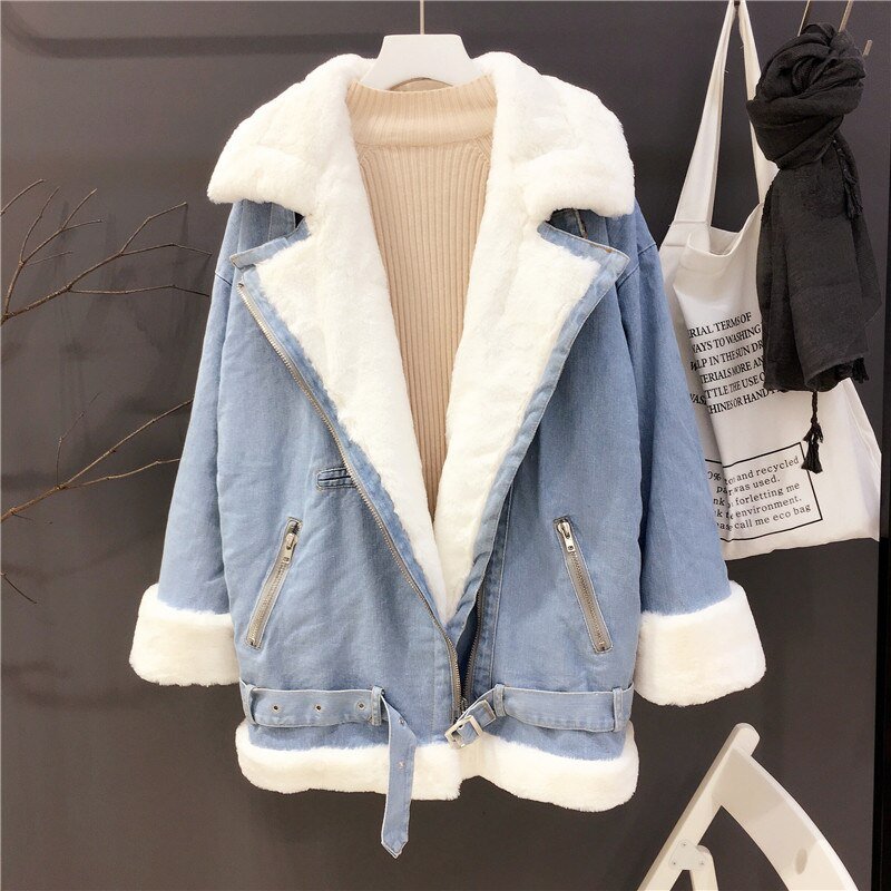 2020 New Women Winter Faux Rabbit Fur Collar Hooded Denim Coat Female Warm Thick Plus Velvet Outwear Motorcycle Jean Jacket W103
