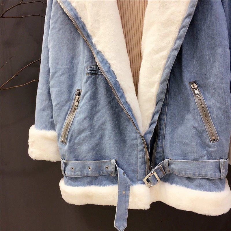 2020 New Women Winter Faux Rabbit Fur Collar Hooded Denim Coat Female Warm Thick Plus Velvet Outwear Motorcycle Jean Jacket W103