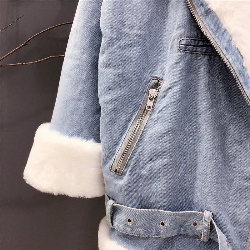 2020 New Women Winter Faux Rabbit Fur Collar Hooded Denim Coat Female Warm Thick Plus Velvet Outwear Motorcycle Jean Jacket W103