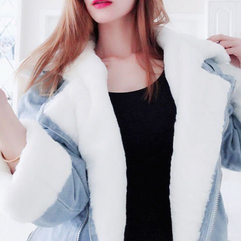 2020 New Women Winter Faux Rabbit Fur Collar Hooded Denim Coat Female Warm Thick Plus Velvet Outwear Motorcycle Jean Jacket W103