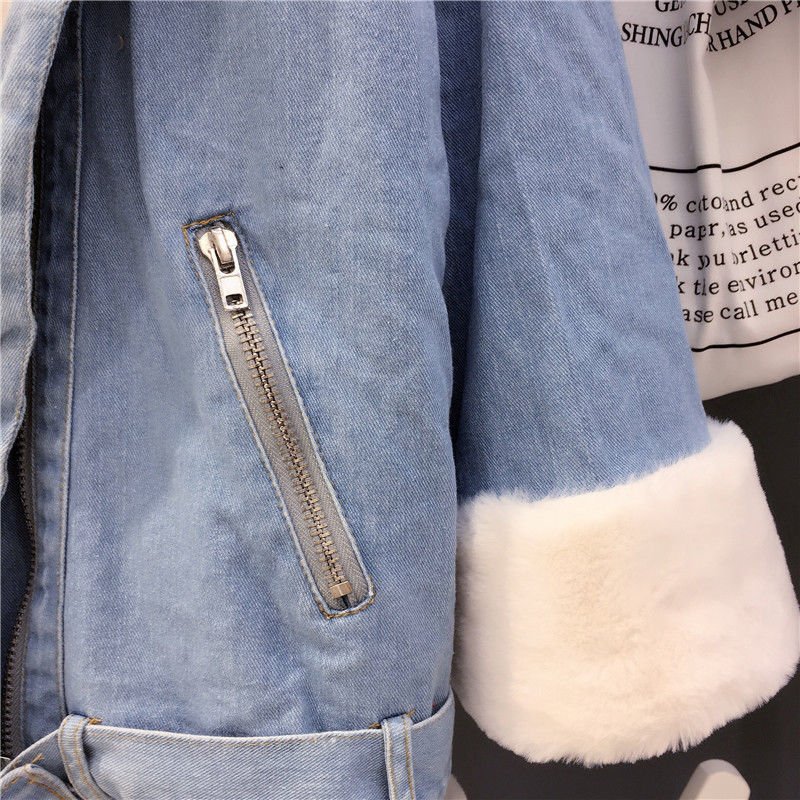 2020 New Women Winter Faux Rabbit Fur Collar Hooded Denim Coat Female Warm Thick Plus Velvet Outwear Motorcycle Jean Jacket W103