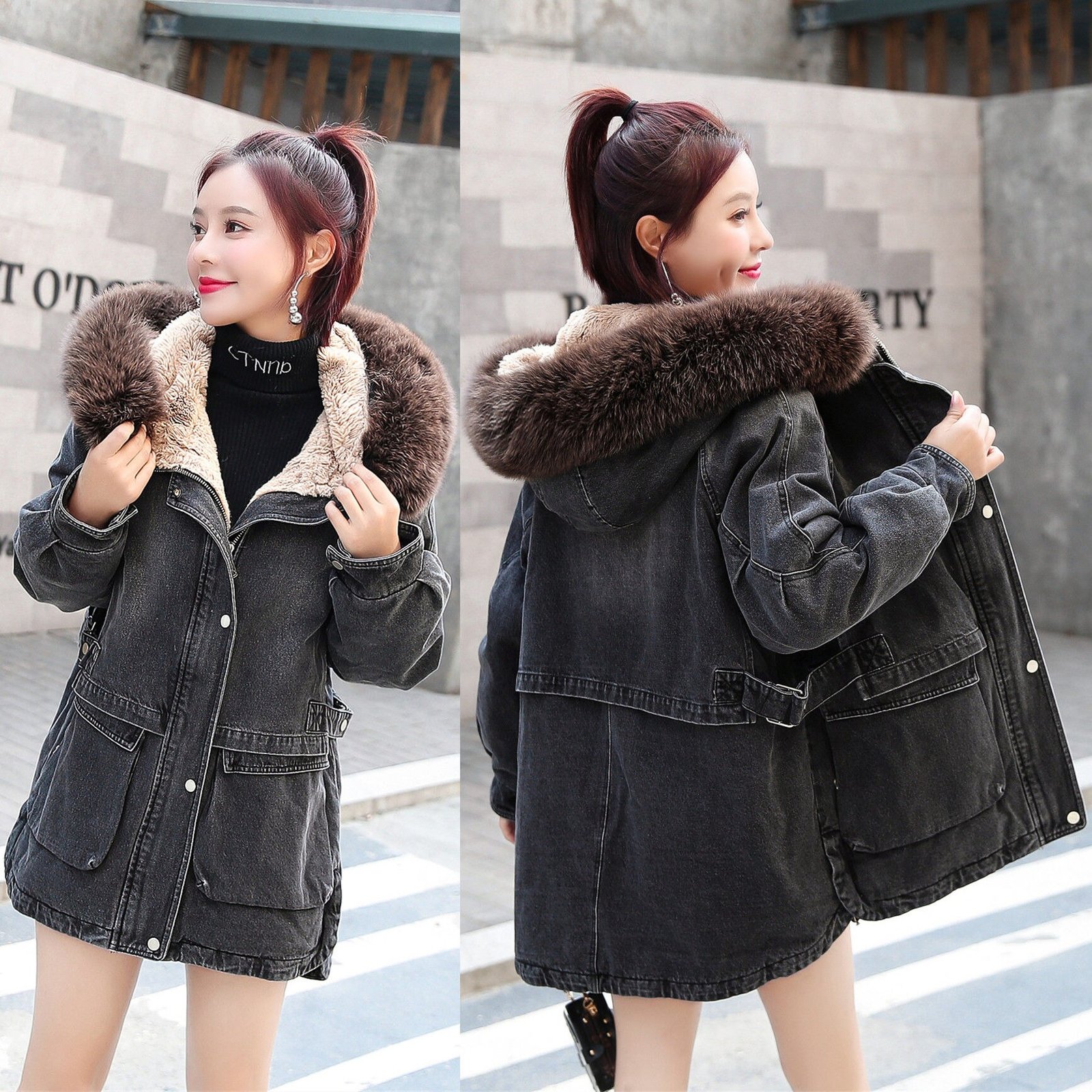 2020 New Women Winter Ladies Faux Lamb Fur Jeans Jacket Female Korean Loose Warm Thick Plus Velvet Bomber Denim Jackets W110