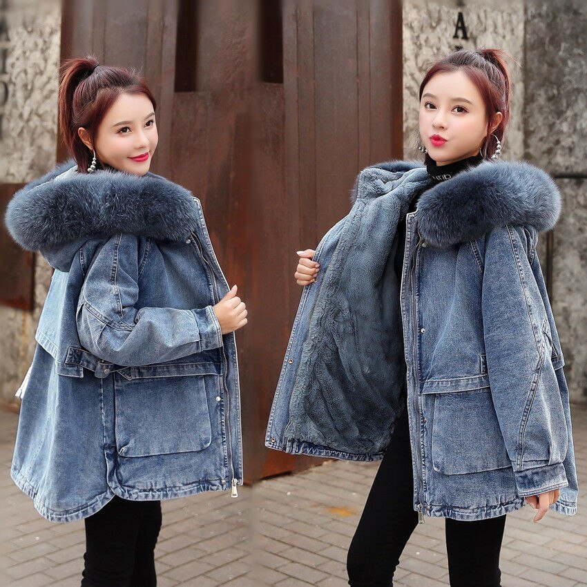 2020 New Women Winter Ladies Faux Lamb Fur Jeans Jacket Female Korean Loose Warm Thick Plus Velvet Bomber Denim Jackets W110