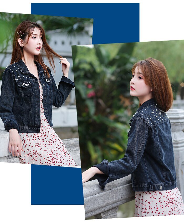 2020 Autumn Fashion Plus Size Beading Short Denim Jackets Women Long Sleeve Vintage Casual Jean Jacket Bomber Denim Coat Clothes