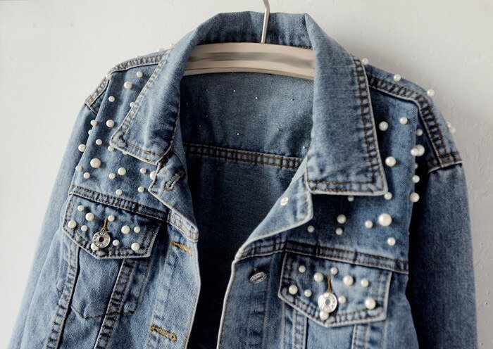 2020 Autumn Fashion Plus Size Beading Short Denim Jackets Women Long Sleeve Vintage Casual Jean Jacket Bomber Denim Coat Clothes