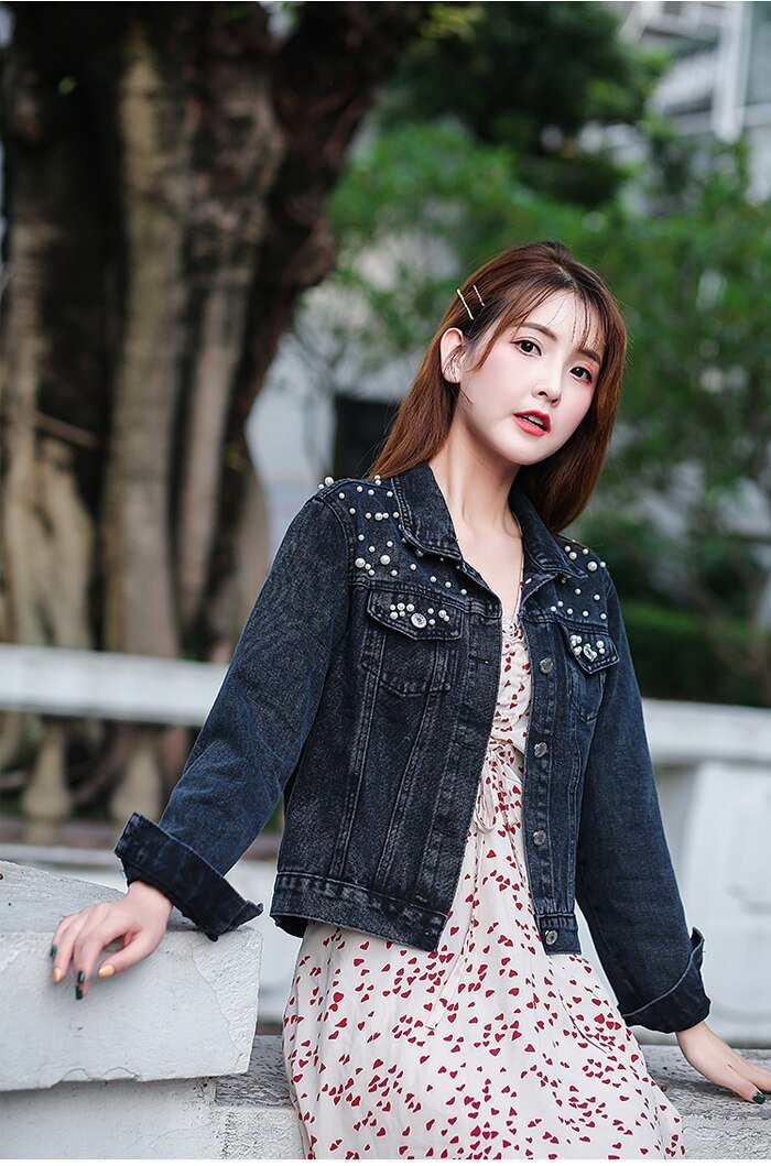 2020 Autumn Fashion Plus Size Beading Short Denim Jackets Women Long Sleeve Vintage Casual Jean Jacket Bomber Denim Coat Clothes