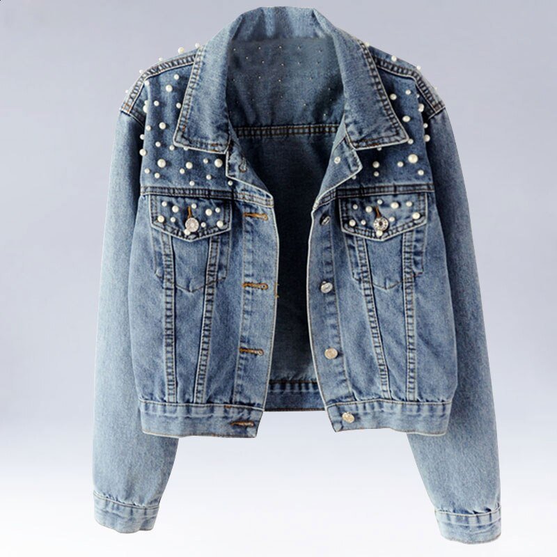 2020 Autumn Fashion Plus Size Beading Short Denim Jackets Women Long Sleeve Vintage Casual Jean Jacket Bomber Denim Coat Clothes