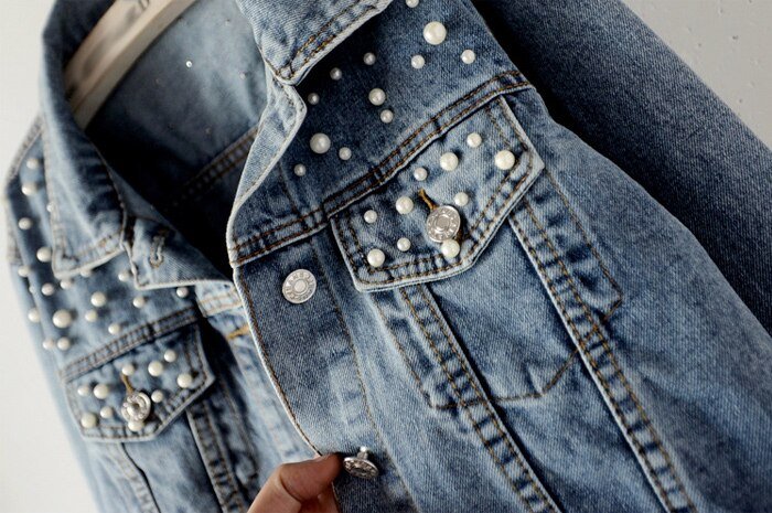 2020 Autumn Fashion Plus Size Beading Short Denim Jackets Women Long Sleeve Vintage Casual Jean Jacket Bomber Denim Coat Clothes