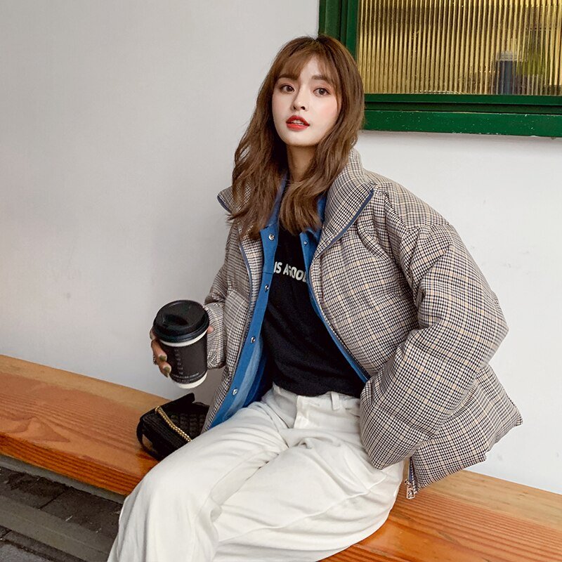2020 New Fake Two Pieces Lattice Jacket Winter Thick Warm Cotton Padded Denim Short Jacket Women Contrast Color Jeans Coat A72