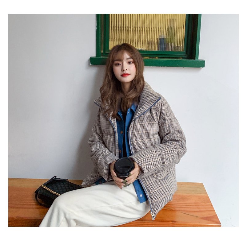 2020 New Fake Two Pieces Lattice Jacket Winter Thick Warm Cotton Padded Denim Short Jacket Women Contrast Color Jeans Coat A72