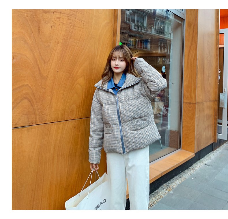 2020 New Fake Two Pieces Lattice Jacket Winter Thick Warm Cotton Padded Denim Short Jacket Women Contrast Color Jeans Coat A72