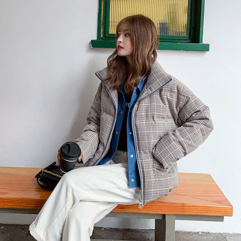 2020 New Fake Two Pieces Lattice Jacket Winter Thick Warm Cotton Padded Denim Short Jacket Women Contrast Color Jeans Coat A72