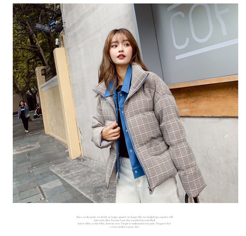 2020 New Fake Two Pieces Lattice Jacket Winter Thick Warm Cotton Padded Denim Short Jacket Women Contrast Color Jeans Coat A72