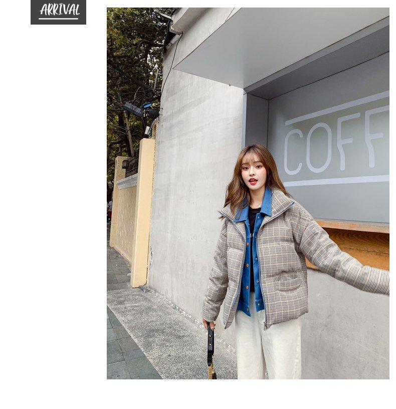 2020 New Fake Two Pieces Lattice Jacket Winter Thick Warm Cotton Padded Denim Short Jacket Women Contrast Color Jeans Coat A72