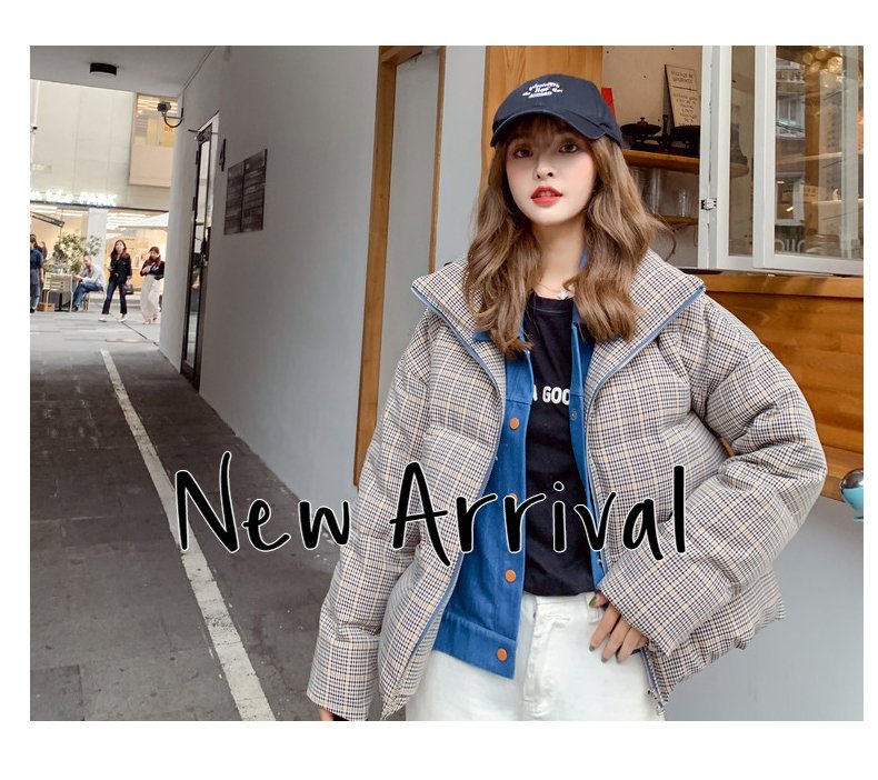 2020 New Fake Two Pieces Lattice Jacket Winter Thick Warm Cotton Padded Denim Short Jacket Women Contrast Color Jeans Coat A72