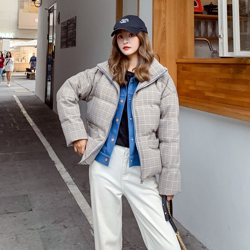 2020 New Fake Two Pieces Lattice Jacket Winter Thick Warm Cotton Padded Denim Short Jacket Women Contrast Color Jeans Coat A72