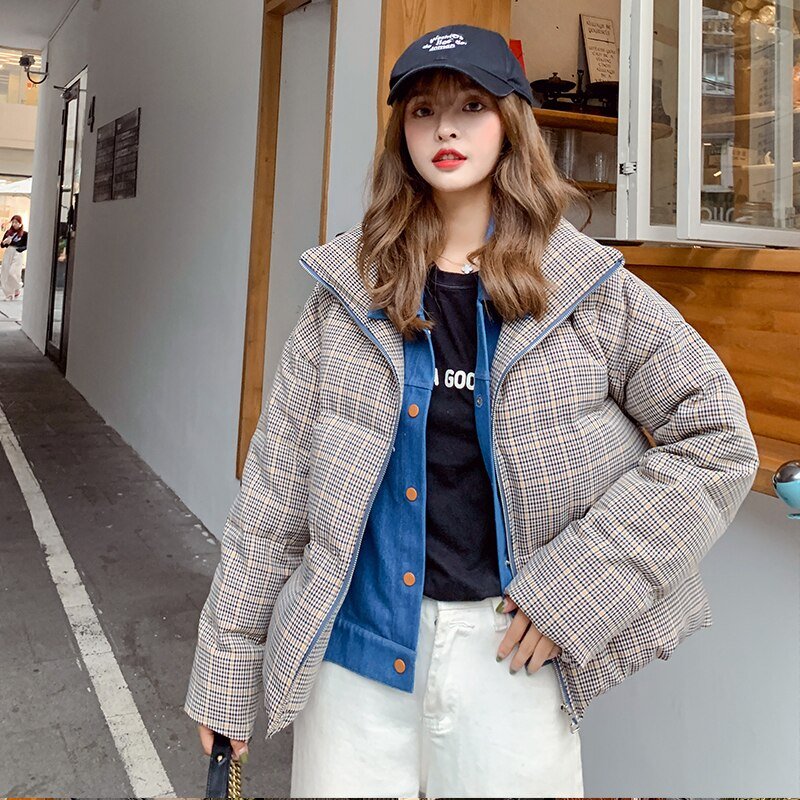 2020 New Fake Two Pieces Lattice Jacket Winter Thick Warm Cotton Padded Denim Short Jacket Women Contrast Color Jeans Coat A72