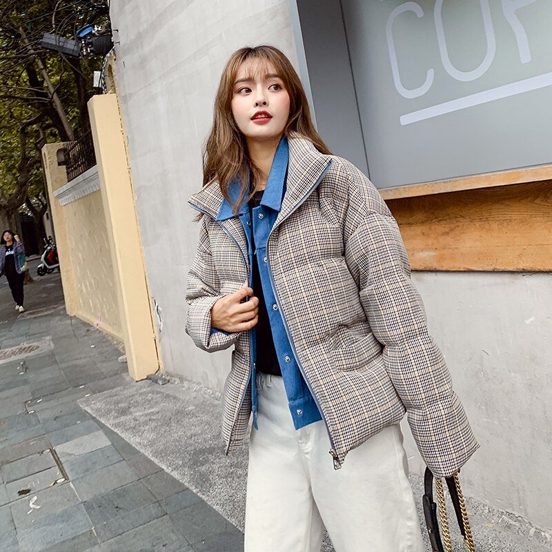 2020 New Fake Two Pieces Lattice Jacket Winter Thick Warm Cotton Padded Denim Short Jacket Women Contrast Color Jeans Coat A72