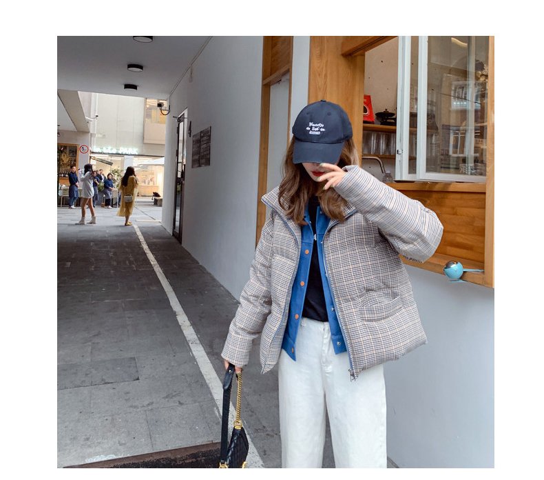 2020 New Fake Two Pieces Lattice Jacket Winter Thick Warm Cotton Padded Denim Short Jacket Women Contrast Color Jeans Coat A72